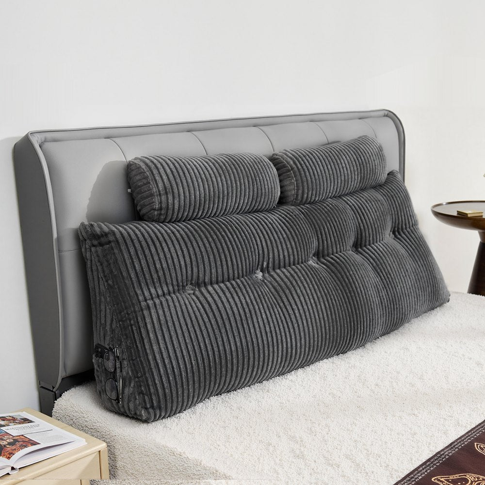 VEVOR Headboard Pillow, Queen Size Wedge Headboard Pillow with 2 Side Pockets and 2 Headrests, Bed Wedge Pillow with Washable Flannel Cloth, for Reading, Gaming, Resting, Working in Bed, Grey