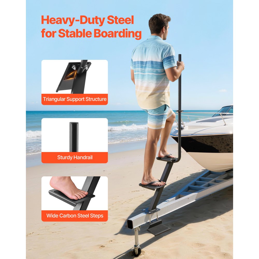 VEVOR Boat Trailer Steps, 3-Step, Heavy-Duty Boat Trailer Steps with Handle, Non-Slip Surface, 3 Mounting Angle Options, Carbon Steel Ladder Suitable for 3" x 3"/3" x 5"/4" x 4" Frame, Bottom Mounting