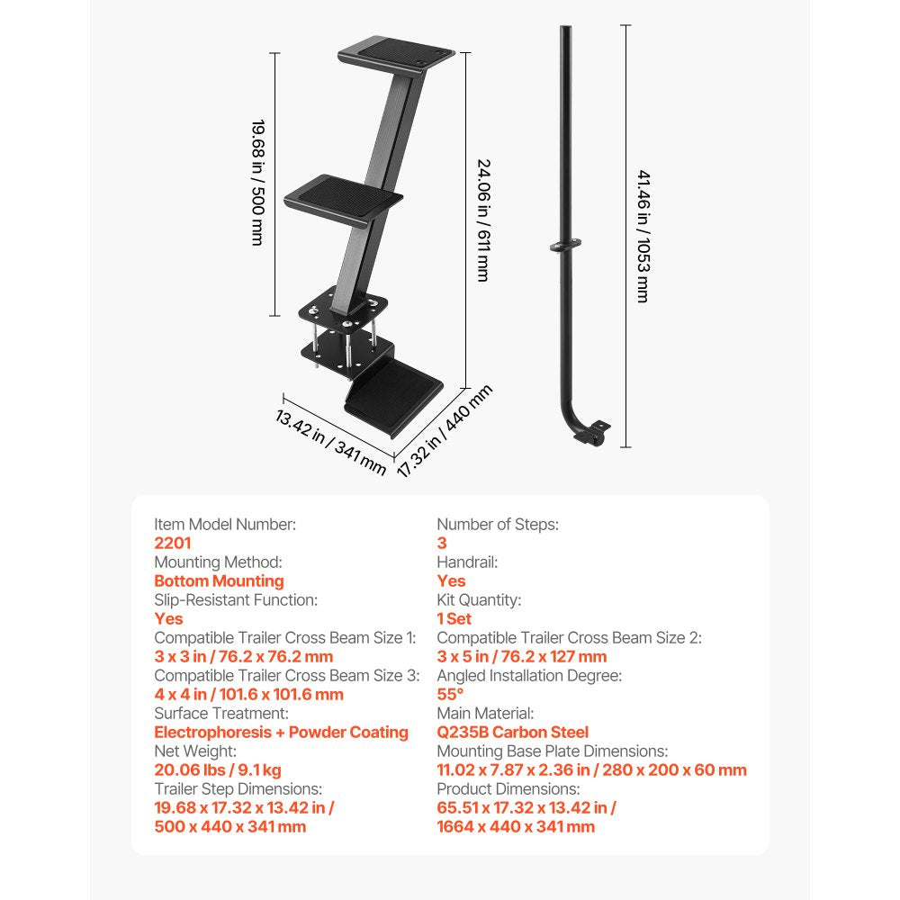 VEVOR Boat Trailer Steps, 3-Step, Heavy-Duty Boat Trailer Steps with Handle, Non-Slip Surface, 3 Mounting Angle Options, Carbon Steel Ladder Suitable for 3" x 3"/3" x 5"/4" x 4" Frame, Bottom Mounting