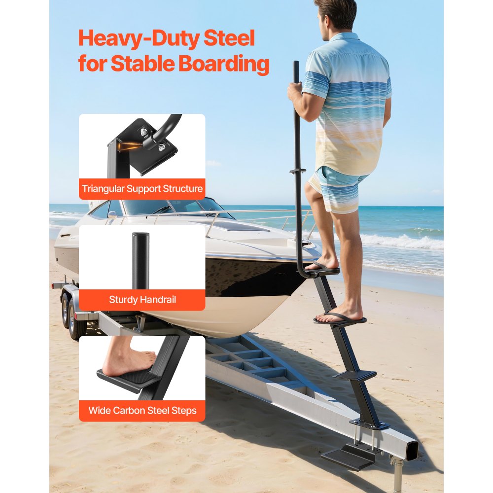 VEVOR Boat Trailer Steps, 4-Step, Heavy-Duty Boat Trailer Steps with Handle, Non-Slip Surface, 3 Mounting Angle Options, Carbon Steel Ladder Suitable for 3" x 3"/3" x 5"/4" x 4" Frame, Bottom Mounting