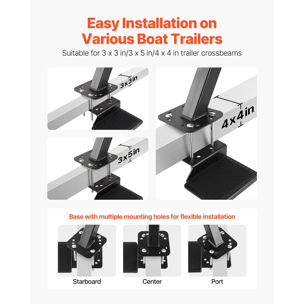 VEVOR Boat Trailer Steps, 4-Step, Heavy-Duty Boat Trailer Steps with Handle, Non-Slip Surface, 3 Mounting Angle Options, Carbon Steel Ladder Suitable for 3" x 3"/3" x 5"/4" x 4" Frame, Bottom Mounting
