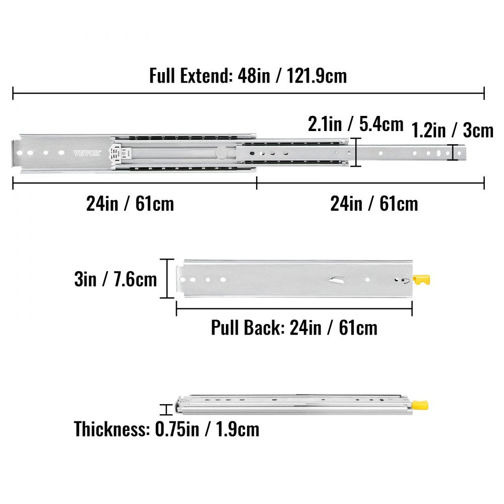 VEVOR Heavy Duty Drawer Slides 24\" Length, Locking Drawer Slides 500lbs Load Capacity Long Full Extension Drawer Slide 1 Pair Side Mount Ball Bearing Drawer Glides Push to Open Drawer Runners Rail