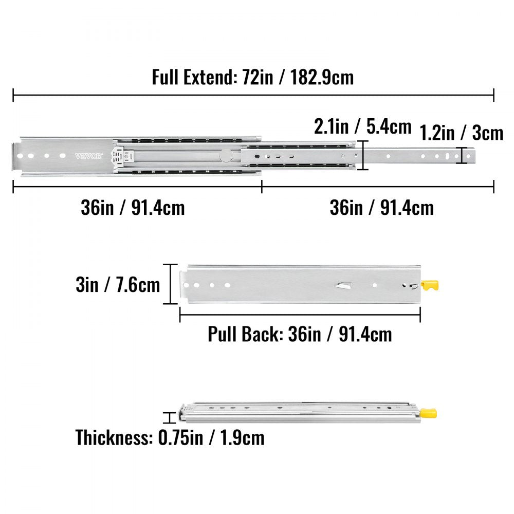 VEVOR Heavy Duty Drawer Slides 36\" Length, Locking Drawer Slides 500lbs Load Capacity Long Full Extension Drawer Slide 1 Pair Side Mount Ball Bearing Drawer Glides Push to Open Drawer Runners Rail