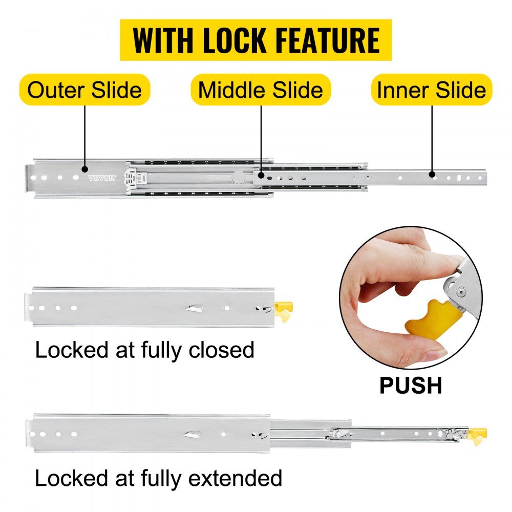 VEVOR Heavy Duty Drawer Slides 40\" Length, Locking Drawer Slides 500lbs Load Capacity Long Full Extension Drawer Slide 1 Pair Side Mount Ball Bearing Drawer Glides Push to Open Drawer Runners Rail