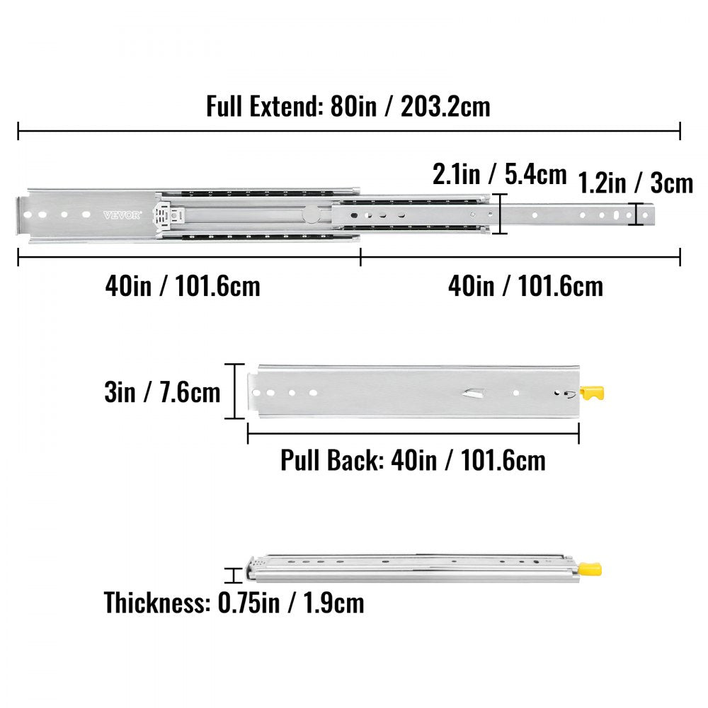 VEVOR Heavy Duty Drawer Slides 40\" Length, Locking Drawer Slides 500lbs Load Capacity Long Full Extension Drawer Slide 1 Pair Side Mount Ball Bearing Drawer Glides Push to Open Drawer Runners Rail