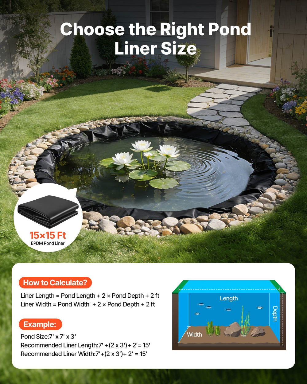VEVOR 15 x 15 ft Pond Liner, 45 Mil Thickness, EPDM Rubber Material Fish Pond Liner for Outdoor Ponds, Easy to Cut, Durable & Leakproof, for Water Garden, Waterfall, Fishpond, Koi, Fountains, Black
