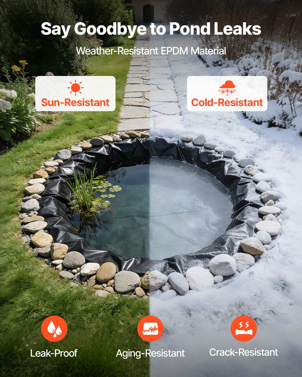 VEVOR 15 x 15 ft Pond Liner, 45 Mil Thickness, EPDM Rubber Material Fish Pond Liner for Outdoor Ponds, Easy to Cut, Durable & Leakproof, for Water Garden, Waterfall, Fishpond, Koi, Fountains, Black