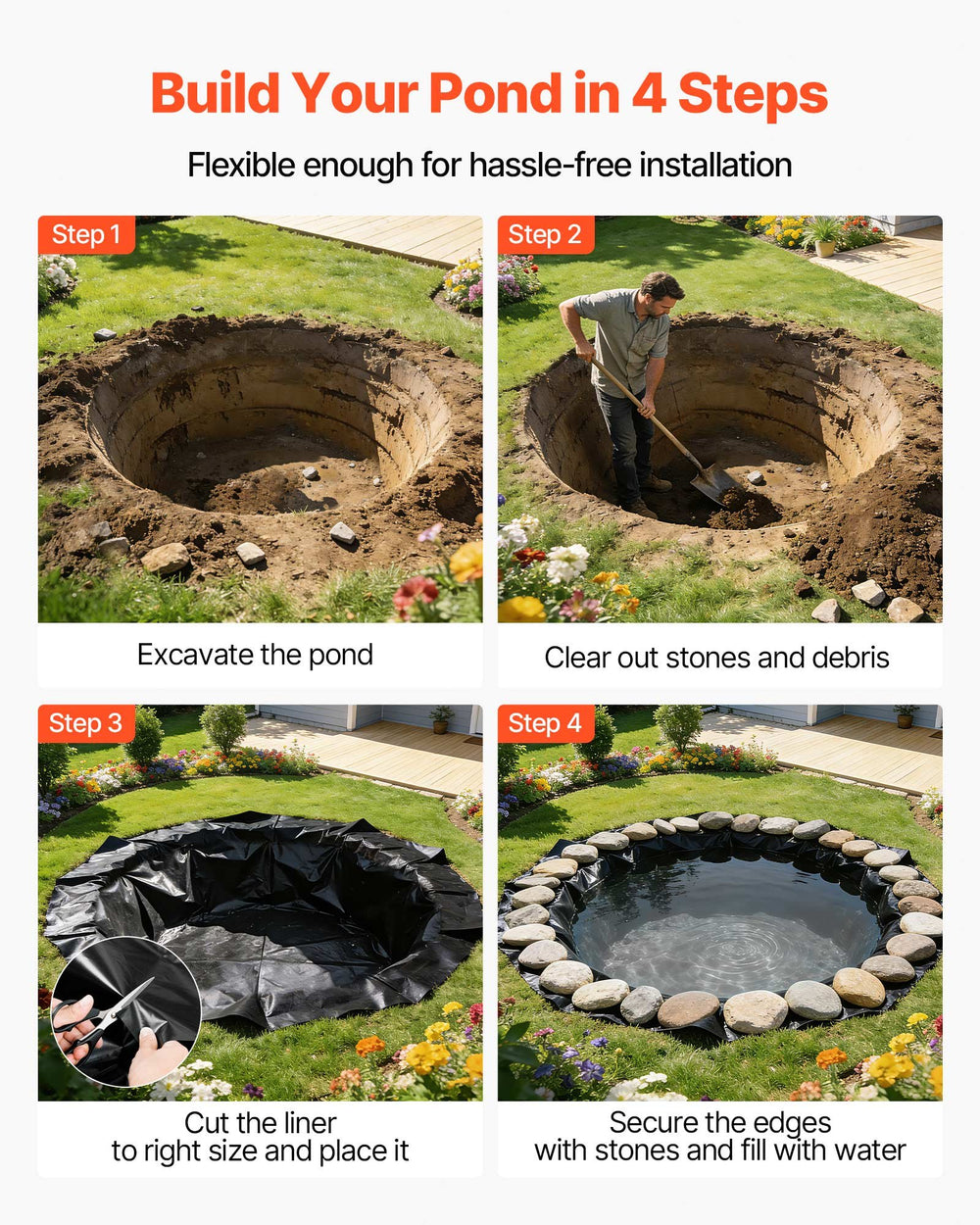 VEVOR 15 x 15 ft Pond Liner, 45 Mil Thickness, EPDM Rubber Material Fish Pond Liner for Outdoor Ponds, Easy to Cut, Durable & Leakproof, for Water Garden, Waterfall, Fishpond, Koi, Fountains, Black