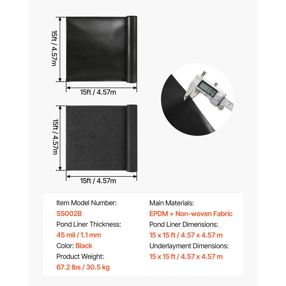 VEVOR Pond Liner 15 x 15 ft, 45 Mil, EPDM Rubber Fish Koi Pond Liner and Underlayment Combo, Easy to Cut, Durable & Leakproof, for Outdoor Ponds, Water Garden, Waterfall, Fishpond, Fountains, Black