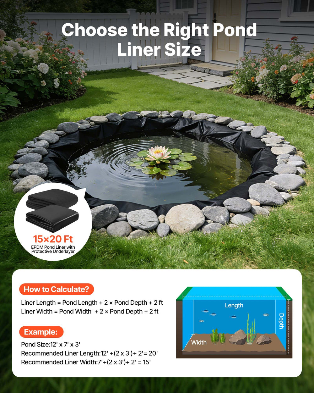VEVOR Pond Liner 15 x 20 ft, 45 Mil, EPDM Rubber Fish Koi Pond Liner and Underlayment Combo, Easy to Cut, Durable & Leakproof, for Outdoor Ponds, Water Garden, Waterfall, Fishpond, Fountains, Black