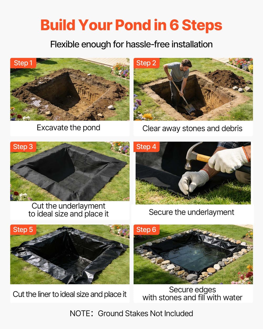 VEVOR Pond Liner 15 x 20 ft, 45 Mil, EPDM Rubber Fish Koi Pond Liner and Underlayment Combo, Easy to Cut, Durable & Leakproof, for Outdoor Ponds, Water Garden, Waterfall, Fishpond, Fountains, Black