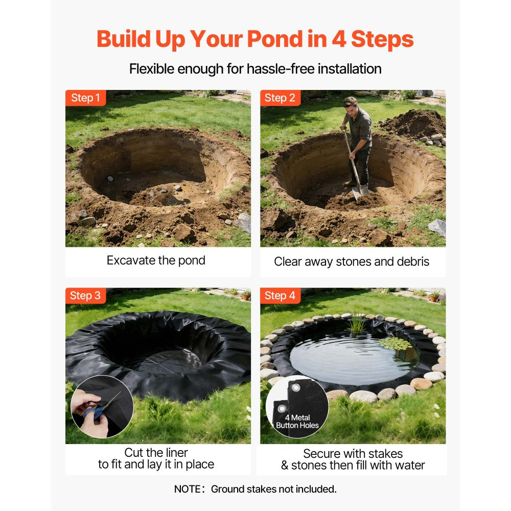 VEVOR 20 x 20 ft Pond Liner, 14 Mil Thickness, 3-Layer Reinforced PE Fish Koi Pond Liner for Outdoor Ponds, with Hemmed Edge and 4 Metal Buttonholes, for Water Garden, Waterfall, and Fountains, Black