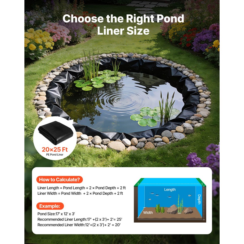 VEVOR 20 x 25 ft Pond Liner, 14 Mil Thickness, 3-Layer Reinforced PE Fish Koi Pond Liner for Outdoor Ponds, with Hemmed Edge and 4 Metal Buttonholes, for Water Garden, Waterfall, and Fountains, Black