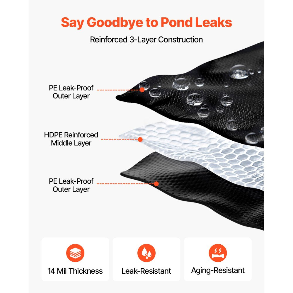 VEVOR 20 x 25 ft Pond Liner, 14 Mil Thickness, 3-Layer Reinforced PE Fish Koi Pond Liner for Outdoor Ponds, with Hemmed Edge and 4 Metal Buttonholes, for Water Garden, Waterfall, and Fountains, Black