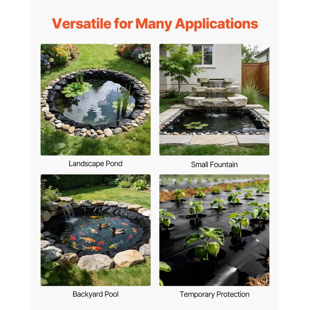 VEVOR 20 x 25 ft Pond Liner, 14 Mil Thickness, 3-Layer Reinforced PE Fish Koi Pond Liner for Outdoor Ponds, with Hemmed Edge and 4 Metal Buttonholes, for Water Garden, Waterfall, and Fountains, Black