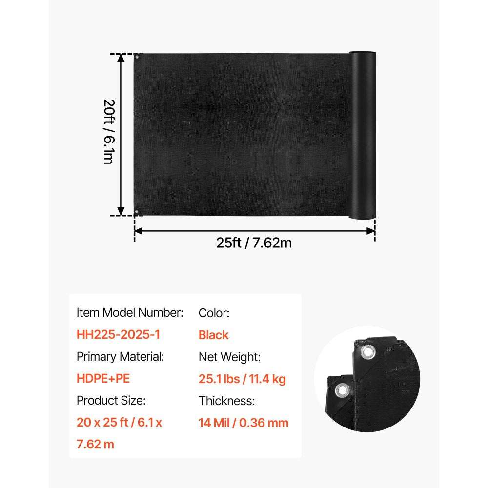 VEVOR 20 x 25 ft Pond Liner, 14 Mil Thickness, 3-Layer Reinforced PE Fish Koi Pond Liner for Outdoor Ponds, with Hemmed Edge and 4 Metal Buttonholes, for Water Garden, Waterfall, and Fountains, Black