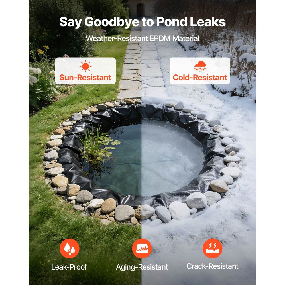 VEVOR 8 x 10 ft Pond Liner, 45 Mil Thickness, EPDM Rubber Material Fish Pond Liner for Outdoor Ponds, Easy to Cut, Durable & Leakproof, for Water Garden, Waterfall, Fishpond, Koi, Fountains, Black
