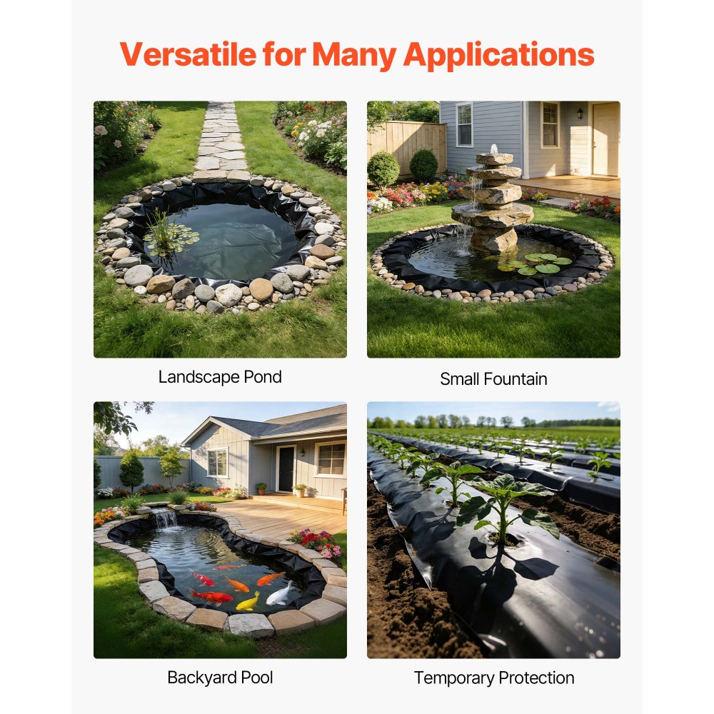 VEVOR 8 x 10 ft Pond Liner, 45 Mil Thickness, EPDM Rubber Material Fish Pond Liner for Outdoor Ponds, Easy to Cut, Durable & Leakproof, for Water Garden, Waterfall, Fishpond, Koi, Fountains, Black