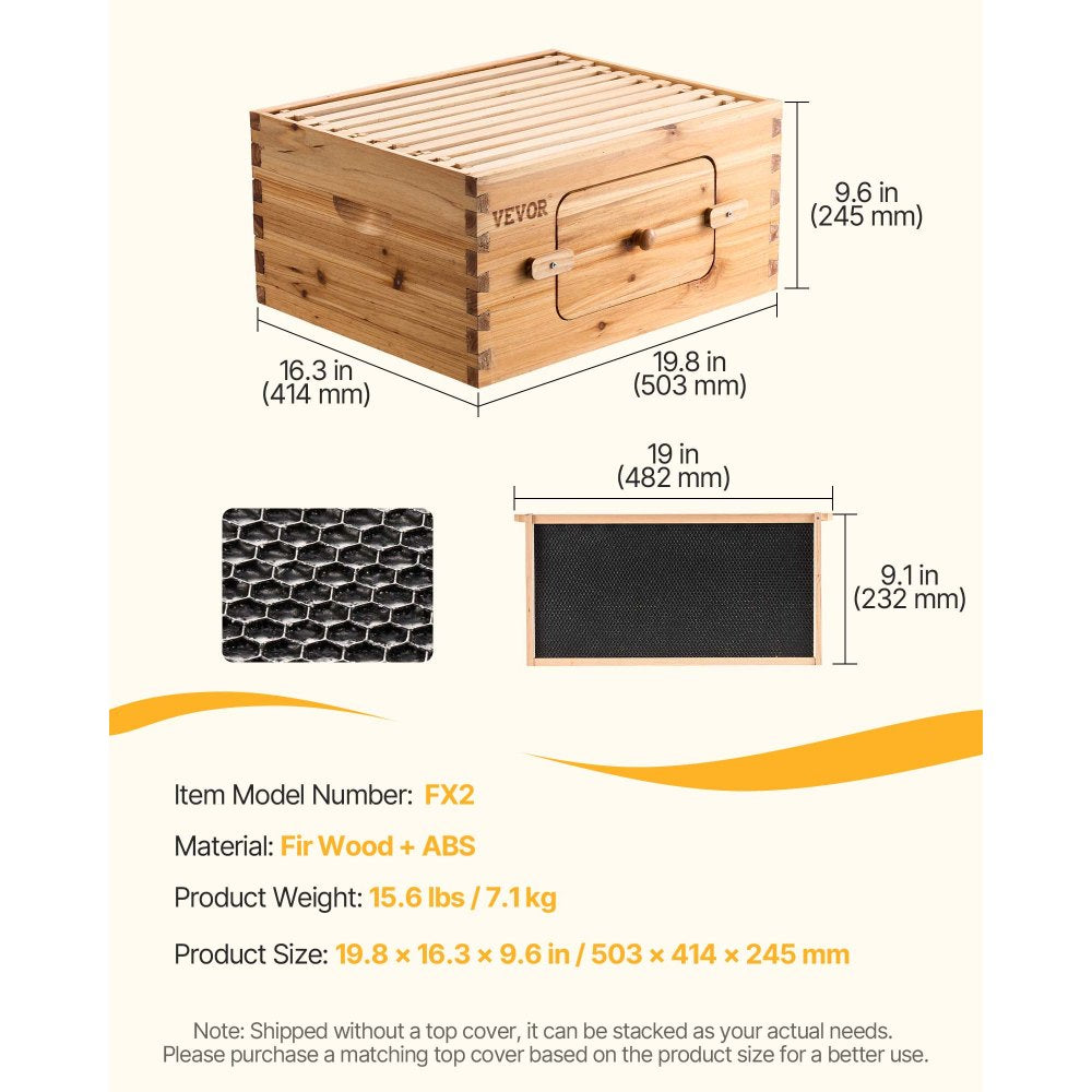 VEVOR Bee Hive Deep Box Starter Kit, 100% Beeswax Coated Natural Fir Wood, Langstroth Beehive Kit with 10 Frames and Foundations, Transparent Acrylic Bee Windows for Beginners and Pro Beekeepers