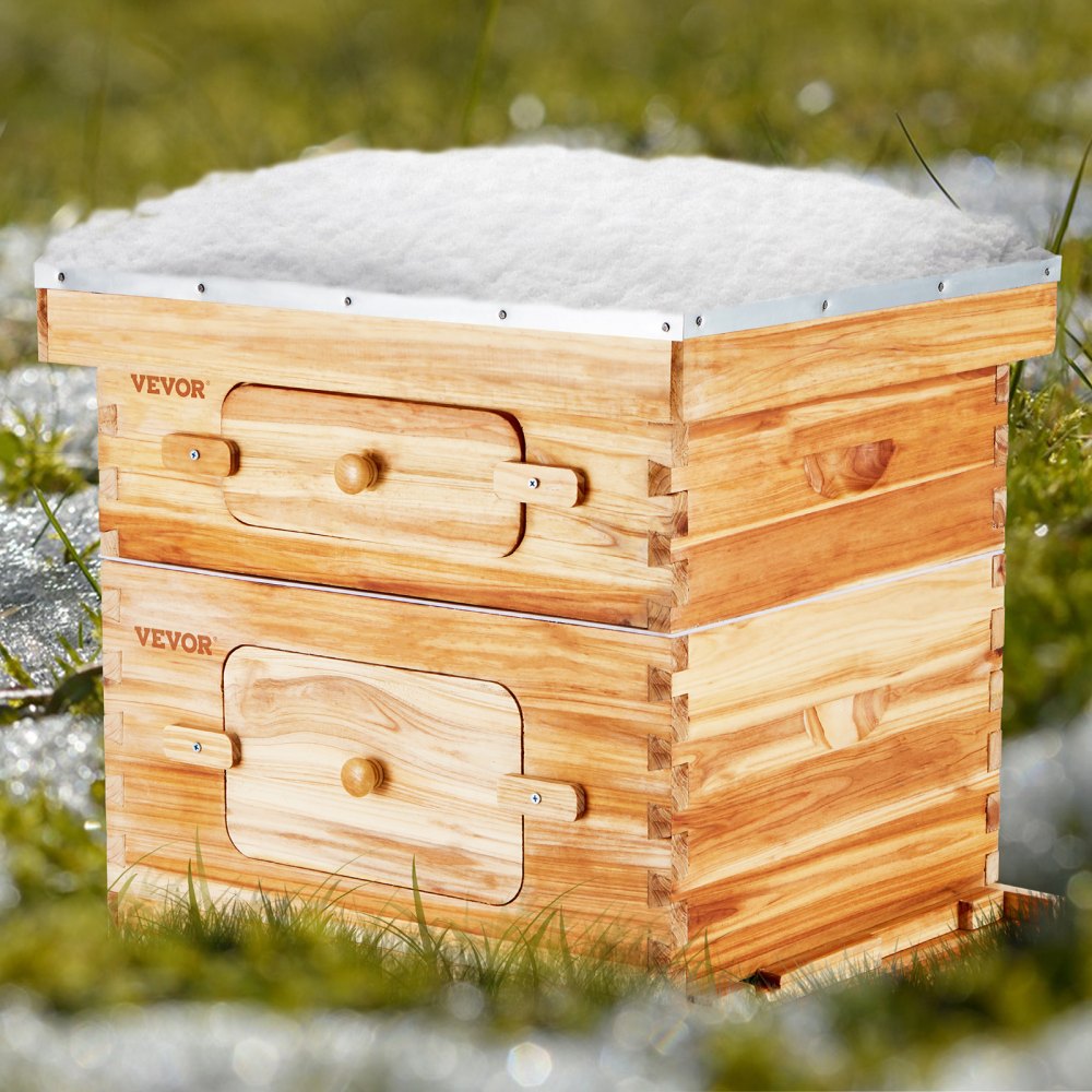 VEVOR Bee Hive 20 Frame Bee Hives Starter Kit, Beeswax Coated Fir Wood, 1 Deep + 1 Medium Bee Boxes Langstroth Beehive Kit, Transparent Acrylic Windows with Foundations for Beginners Pro Beekeepers