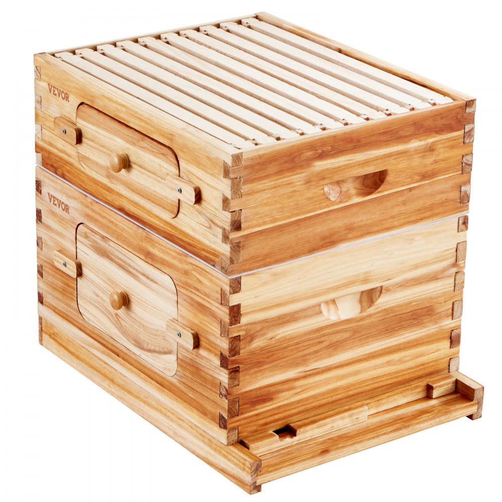 VEVOR Bee Hive 20 Frame Bee Hives Starter Kit, Beeswax Coated Fir Wood, 1 Deep + 1 Medium Bee Boxes Langstroth Beehive Kit, Transparent Acrylic Windows with Foundations for Beginners Pro Beekeepers