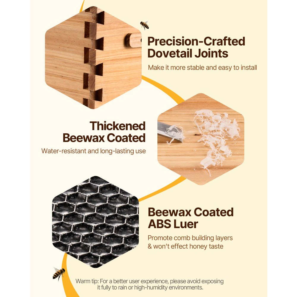 VEVOR Bee Hive Medium Box Starter Kit, 100% Beeswax Coated Natural Fir Wood, Langstroth Beehive Kit with 10 Frames and Foundations, Transparent Acrylic Bee Windows for Beginners and Pro Beekeepers
