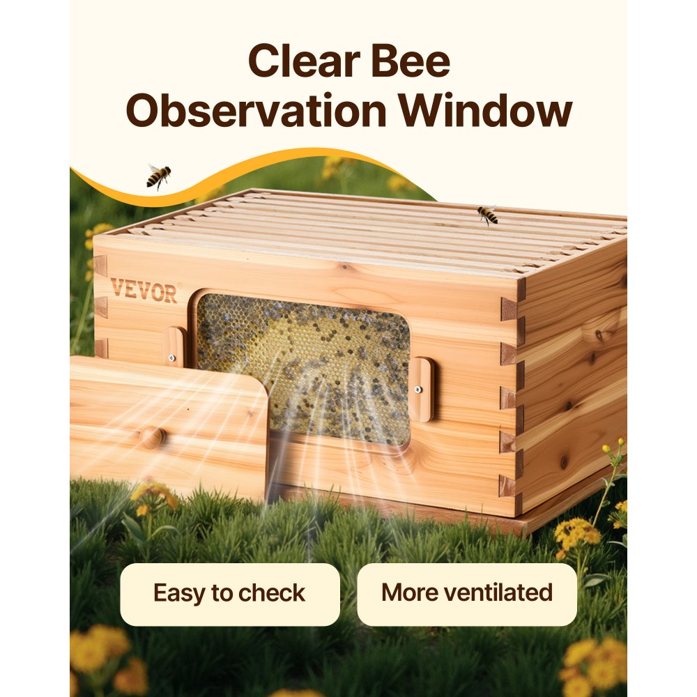 VEVOR Bee Hive Medium Box Starter Kit, 100% Beeswax Coated Natural Fir Wood, Langstroth Beehive Kit with 10 Frames and Foundations, Transparent Acrylic Bee Windows for Beginners and Pro Beekeepers