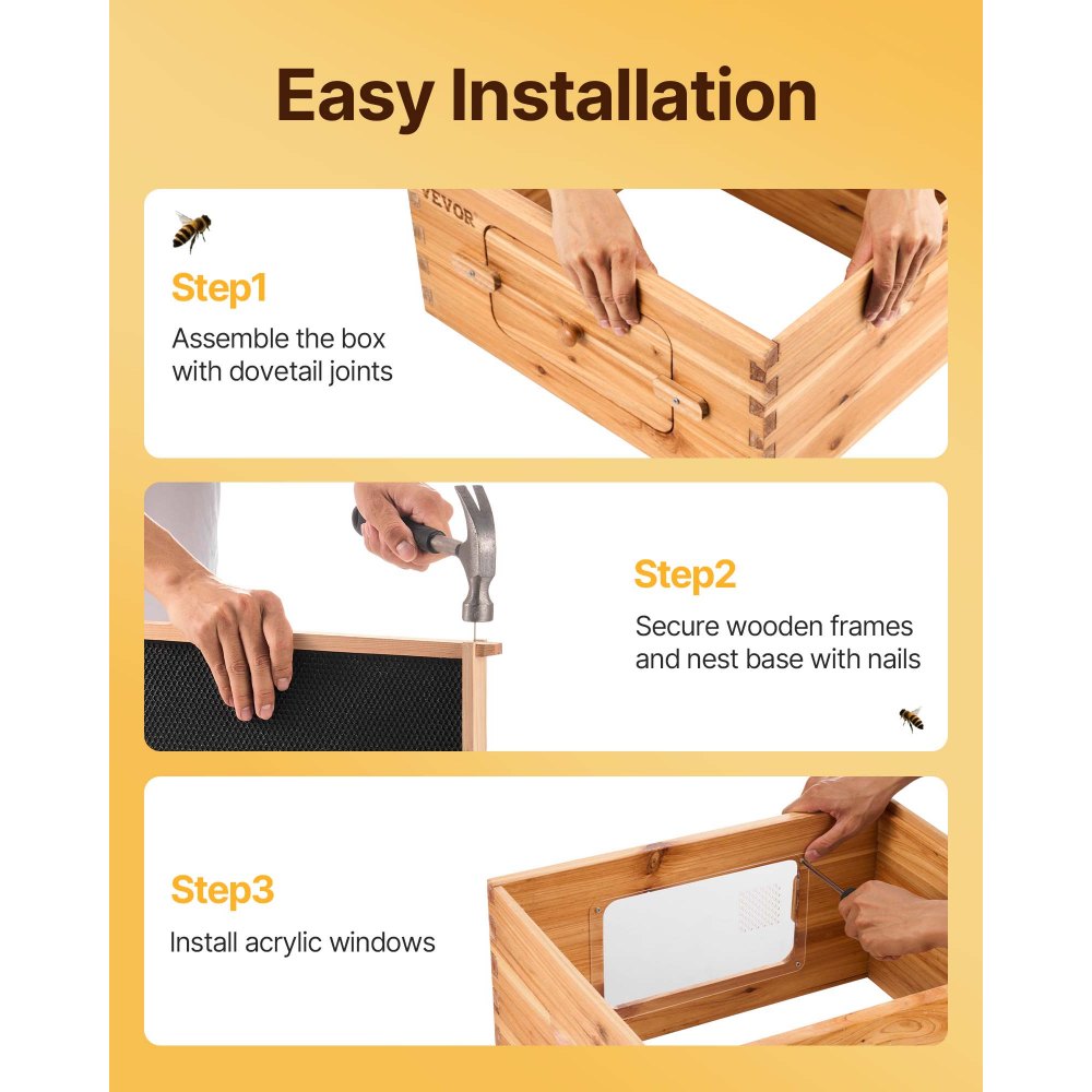 VEVOR Bee Hive Medium Box Starter Kit, 100% Beeswax Coated Natural Fir Wood, Langstroth Beehive Kit with 10 Frames and Foundations, Transparent Acrylic Bee Windows for Beginners and Pro Beekeepers