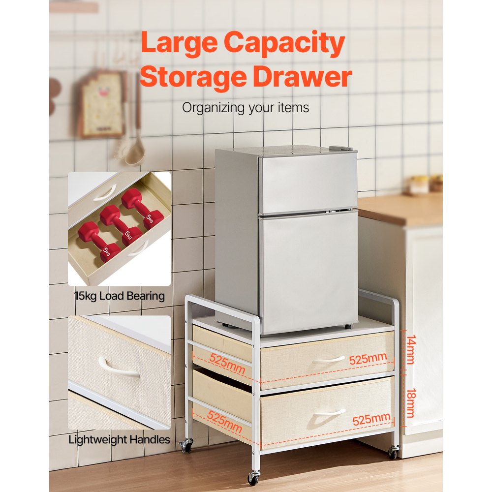 VEVOR Mini Fridge Stand with Storage, 176 lb-Capacity Mini Fridge Table with 2 Drawers & 4 Swivel Wheels, Mobile Mini Fridge Shelf, White Mini Fridge Organizer for Dorm, Apartment, Office, Bedroom