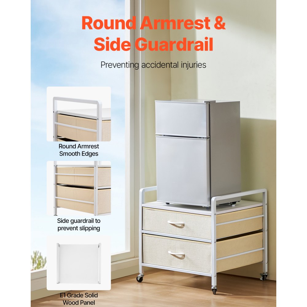 VEVOR Mini Fridge Stand with Storage, 176 lb-Capacity Mini Fridge Table with 2 Drawers & 4 Swivel Wheels, Mobile Mini Fridge Shelf, White Mini Fridge Organizer for Dorm, Apartment, Office, Bedroom