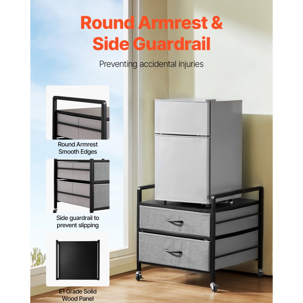 VEVOR Mini Fridge Stand with Storage, 176 lb-Capacity Mini Fridge Table with 2 Drawers & 4 Swivel Wheels, Mobile Mini Fridge Shelf, Gray Mini Fridge Organizer for Dorm, Apartment, Office, Bedroom