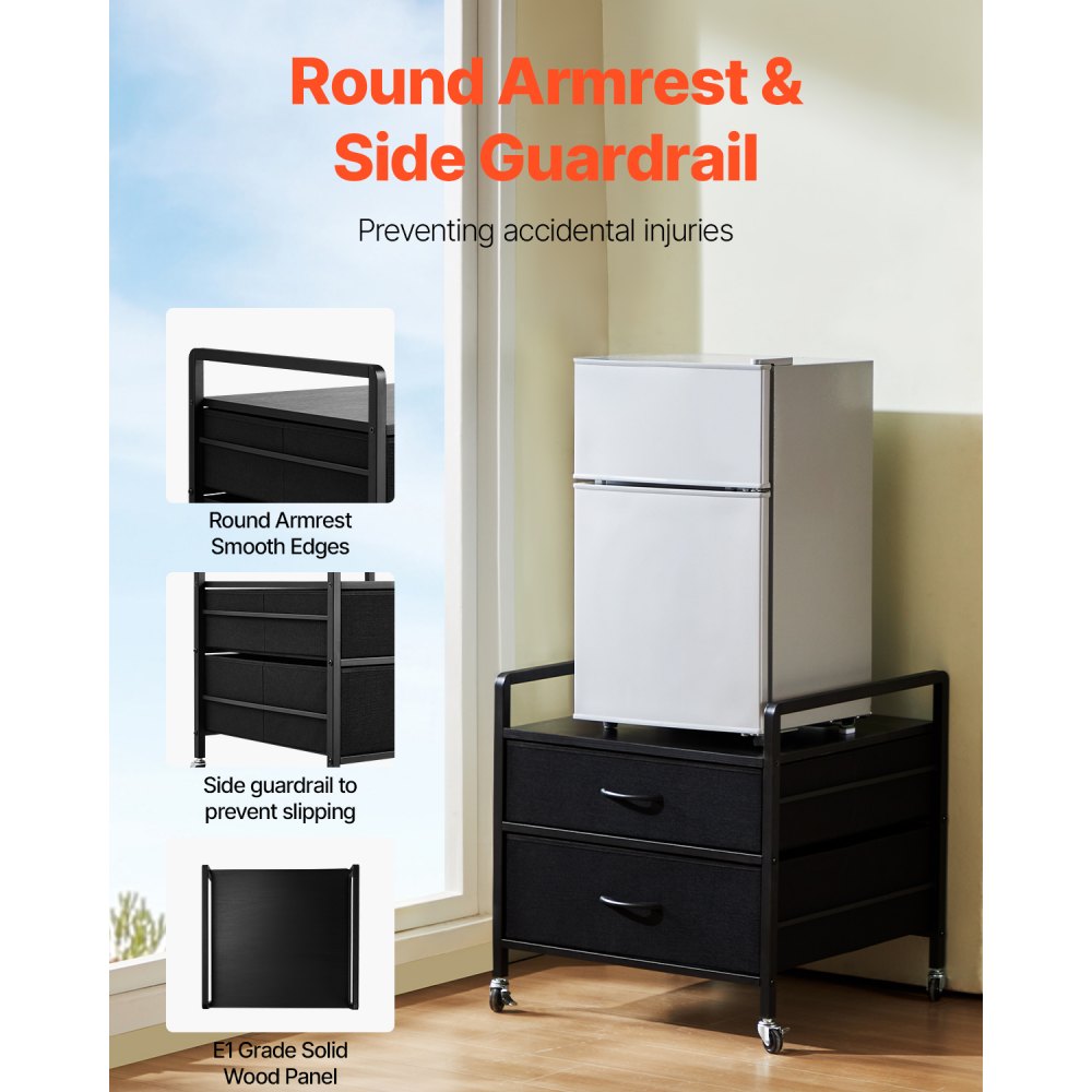 VEVOR Mini Fridge Stand with Storage, 176 lb-Capacity Mini Fridge Table with 2 Drawers & 4 Swivel Wheels, Mobile Mini Fridge Shelf, Black Mini Fridge Organizer for Dorm, Apartment, Office, Bedroom
