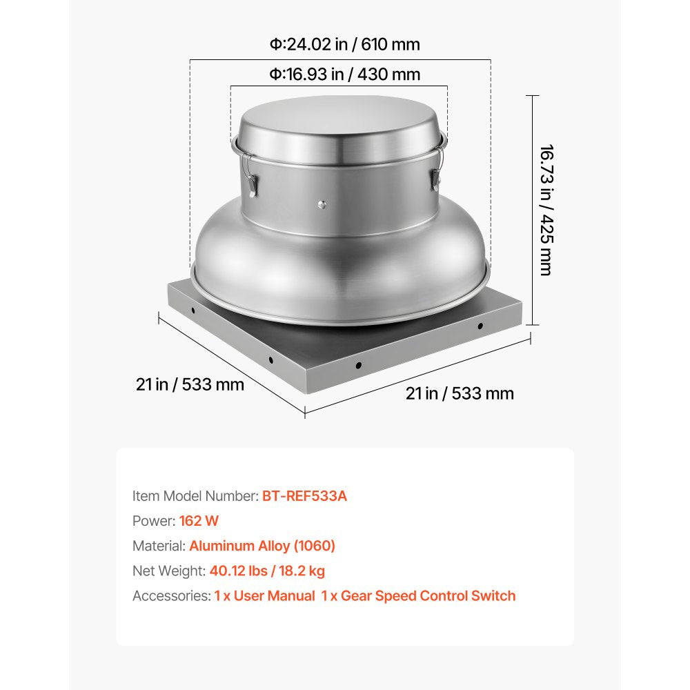 VEVOR Roof Exhaust Fan - dimension diagram and key specs (BT-REF533A, 162W, aluminum alloy 1060)