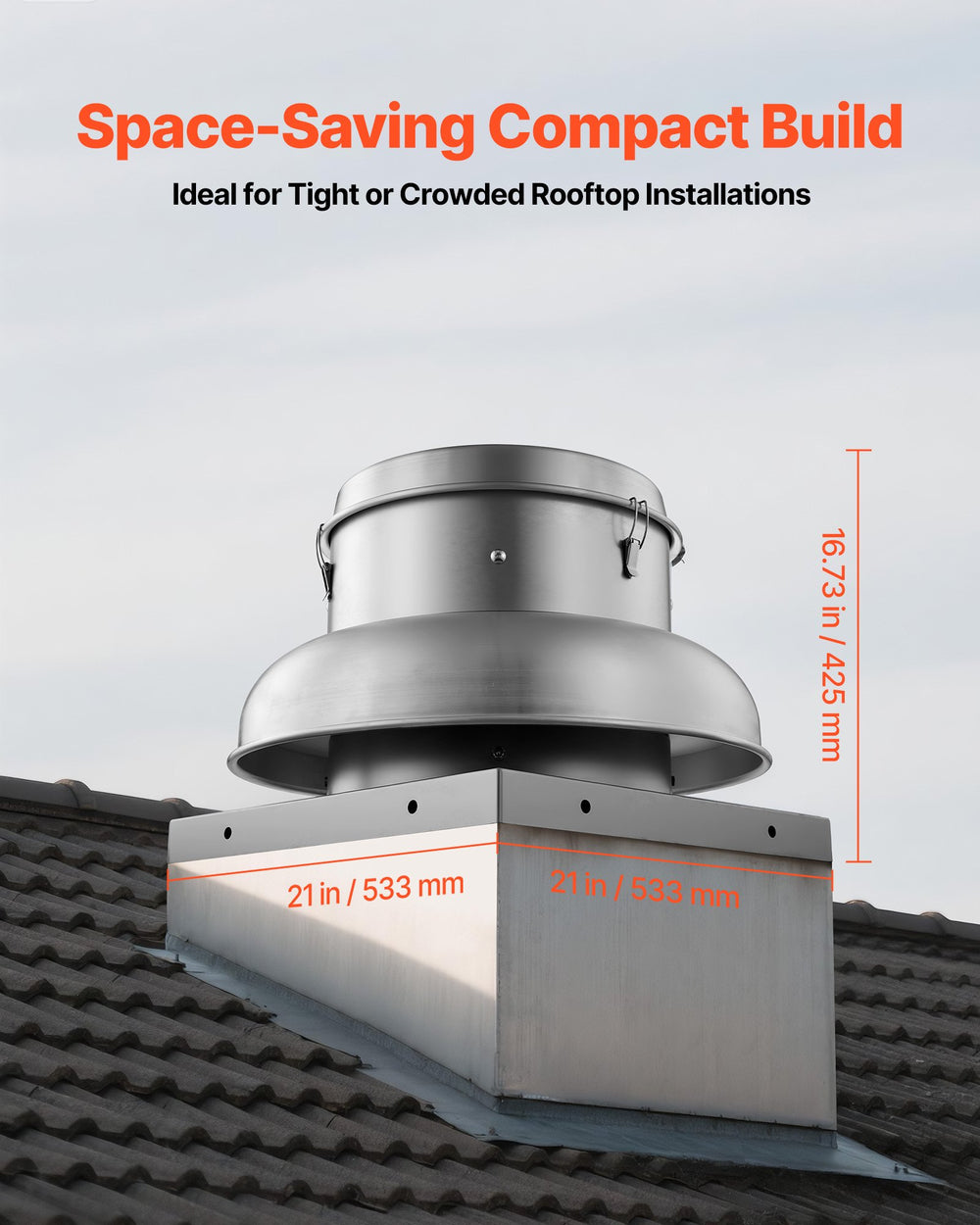 VEVOR Roof Exhaust Fan - space-saving compact build, 21 in base and 16.73 in height