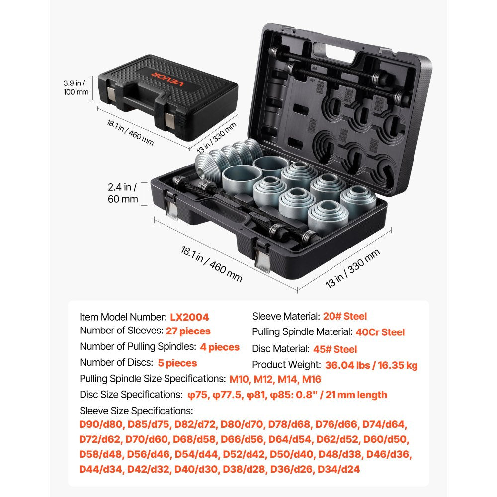 VEVOR Pull and Press Sleeve Kit, 36 PCS, Steel Bush Removal Insertion Sleeve Tools with Carrying Case, Compatible with LCV and HGV Engines, for Removing and Installing Bushings, Bearings, and Seals