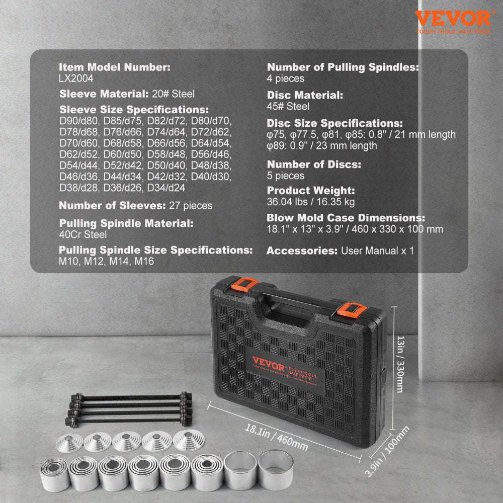 VEVOR 36 PCS Pull and Press Sleeve Kit, Steel Bush Bearing Removal and Installation Set, Bush Removal Insertion Sleeve Tools with Carrying Case, Multi-Vehicle Compatibility for LCV and HGV Engines