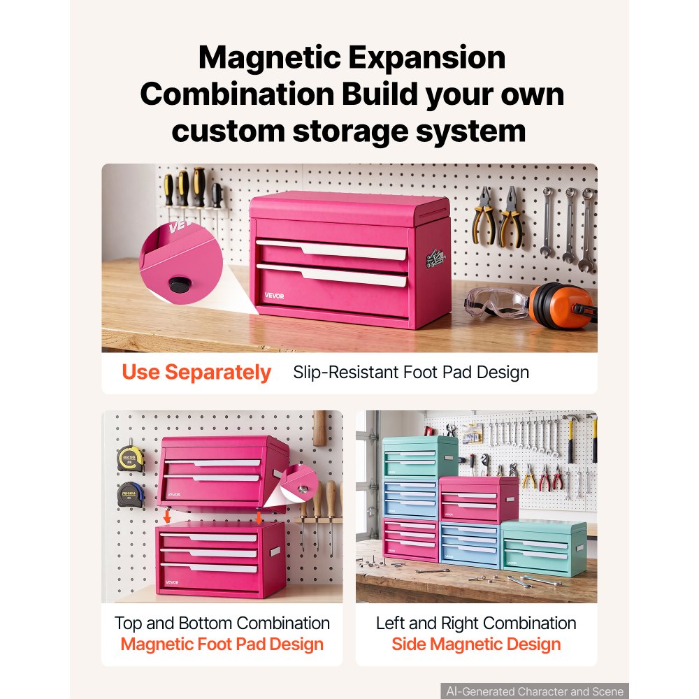 VEVOR Steel Tool Box with 2 Drawers and Top Storage Portable Metal Toolbox, for Garage Workshop Repair Shop Workbench, Magnetic Design, Heavy Duty Tool Storage Cabinet Organizer, with Liners, Pink