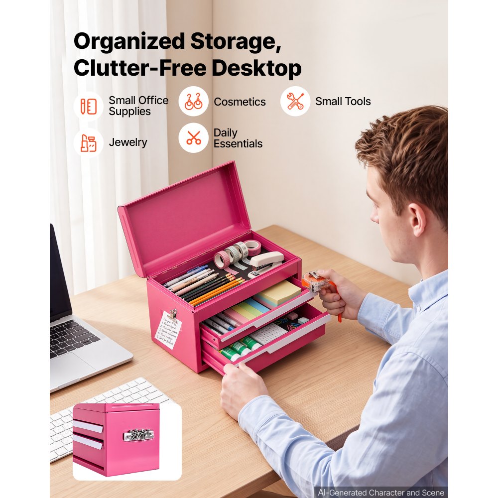 VEVOR Steel Tool Box with 2 Drawers and Top Storage Portable Metal Toolbox, for Garage Workshop Repair Shop Workbench, Magnetic Design, Heavy Duty Tool Storage Cabinet Organizer, with Liners, Pink