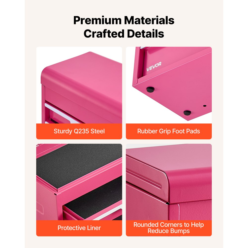 VEVOR Steel Tool Box with 2 Drawers and Top Storage Portable Metal Toolbox, for Garage Workshop Repair Shop Workbench, Magnetic Design, Heavy Duty Tool Storage Cabinet Organizer, with Liners, Pink