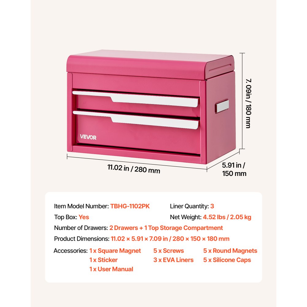 VEVOR Steel Tool Box with 2 Drawers and Top Storage Portable Metal Toolbox, for Garage Workshop Repair Shop Workbench, Magnetic Design, Heavy Duty Tool Storage Cabinet Organizer, with Liners, Pink