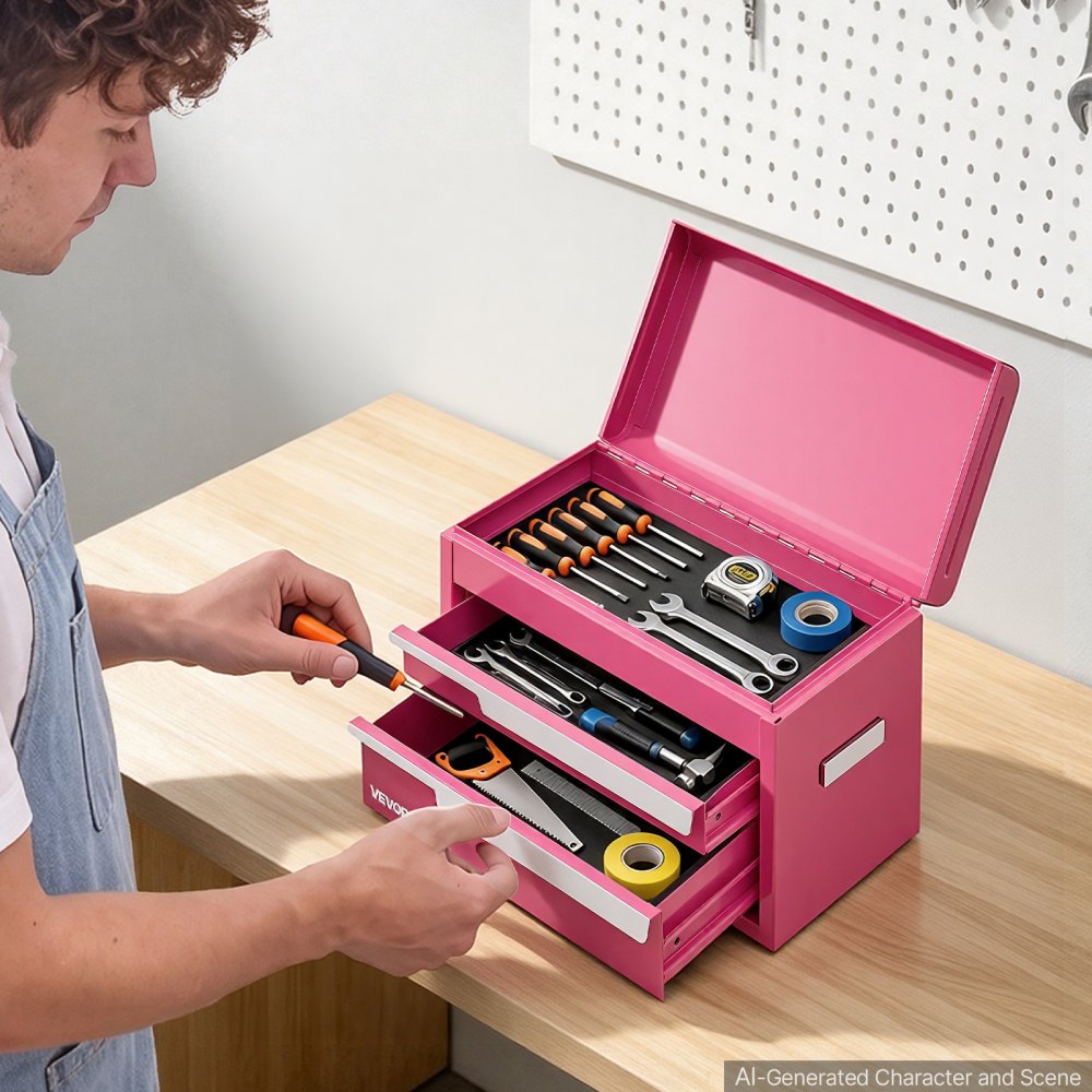 VEVOR Steel Tool Box with 2 Drawers and Top Storage Portable Metal Toolbox, for Garage Workshop Repair Shop Workbench, Magnetic Design, Heavy Duty Tool Storage Cabinet Organizer, with Liners, Pink