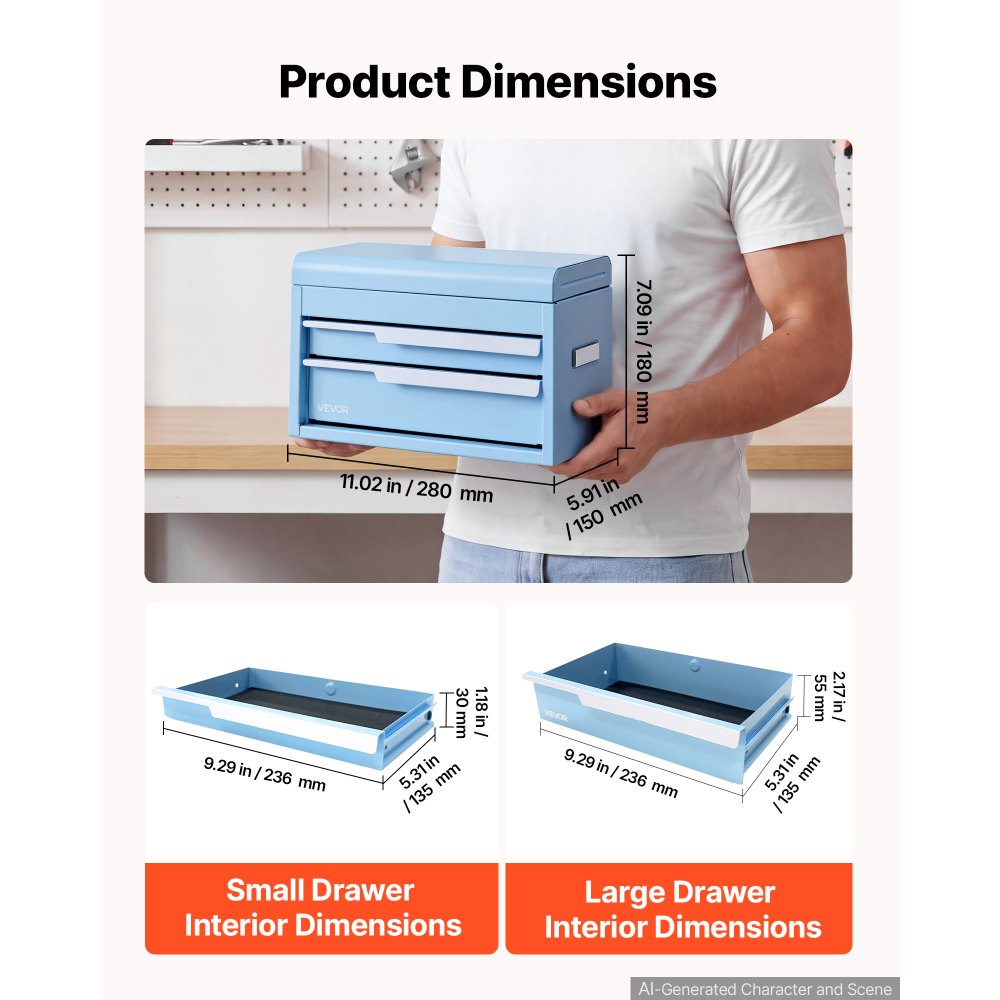 VEVOR Steel Tool Box with 2 Drawers and Top Storage Portable Metal Toolbox, for Garage Workshop Repair Shop Workbench, Magnetic Design, Heavy Duty Tool Storage Cabinet Organizer, with Liners, Blue