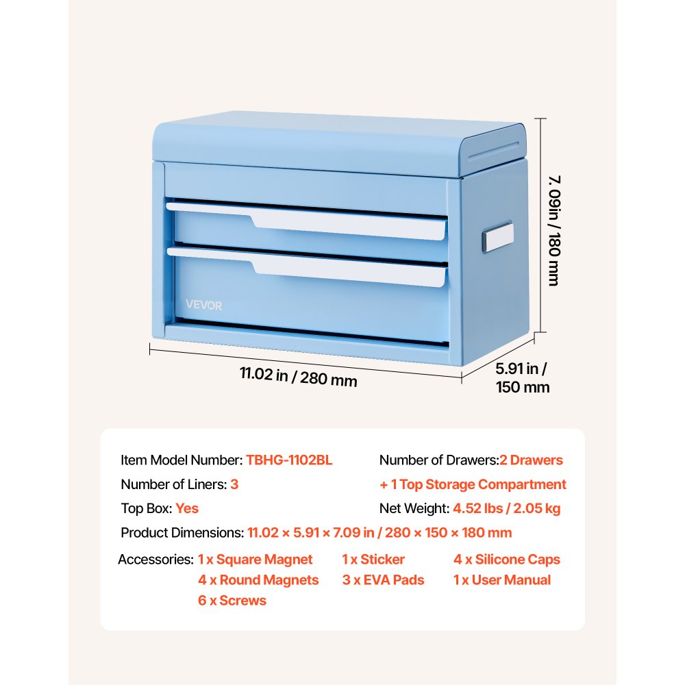 VEVOR Steel Tool Box with 2 Drawers and Top Storage Portable Metal Toolbox, for Garage Workshop Repair Shop Workbench, Magnetic Design, Heavy Duty Tool Storage Cabinet Organizer, with Liners, Blue