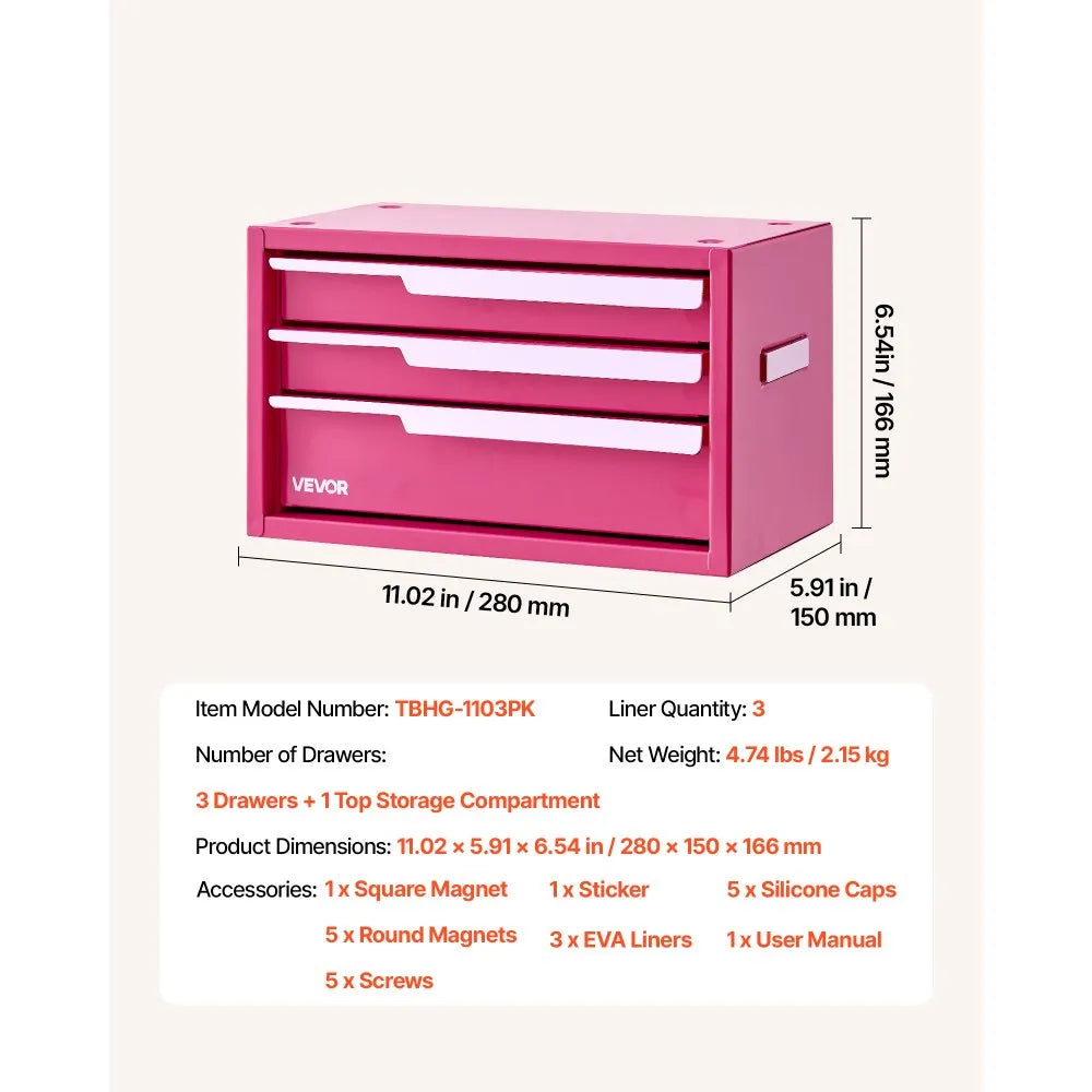 VEVOR Steel Tool Box with 3 Drawers Portable Metal Toolbox Heavy Duty Pink, for Garage Workshop Repair Shop Workbench, Magnetic Design, Tool Chest Cabinet Storage Organizer, with Protective Liners
