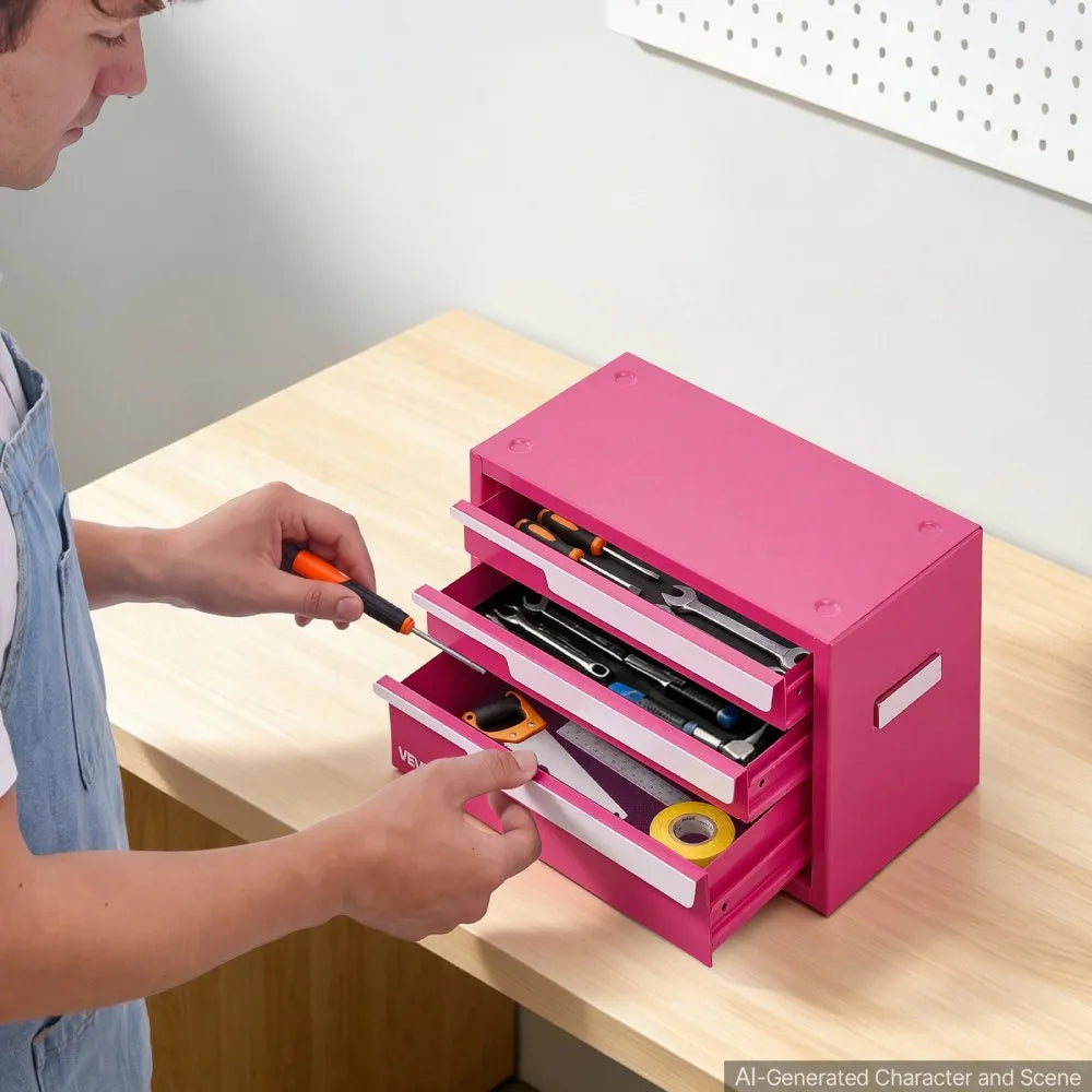 VEVOR Steel Tool Box with 3 Drawers Portable Metal Toolbox Heavy Duty Pink, for Garage Workshop Repair Shop Workbench, Magnetic Design, Tool Chest Cabinet Storage Organizer, with Protective Liners
