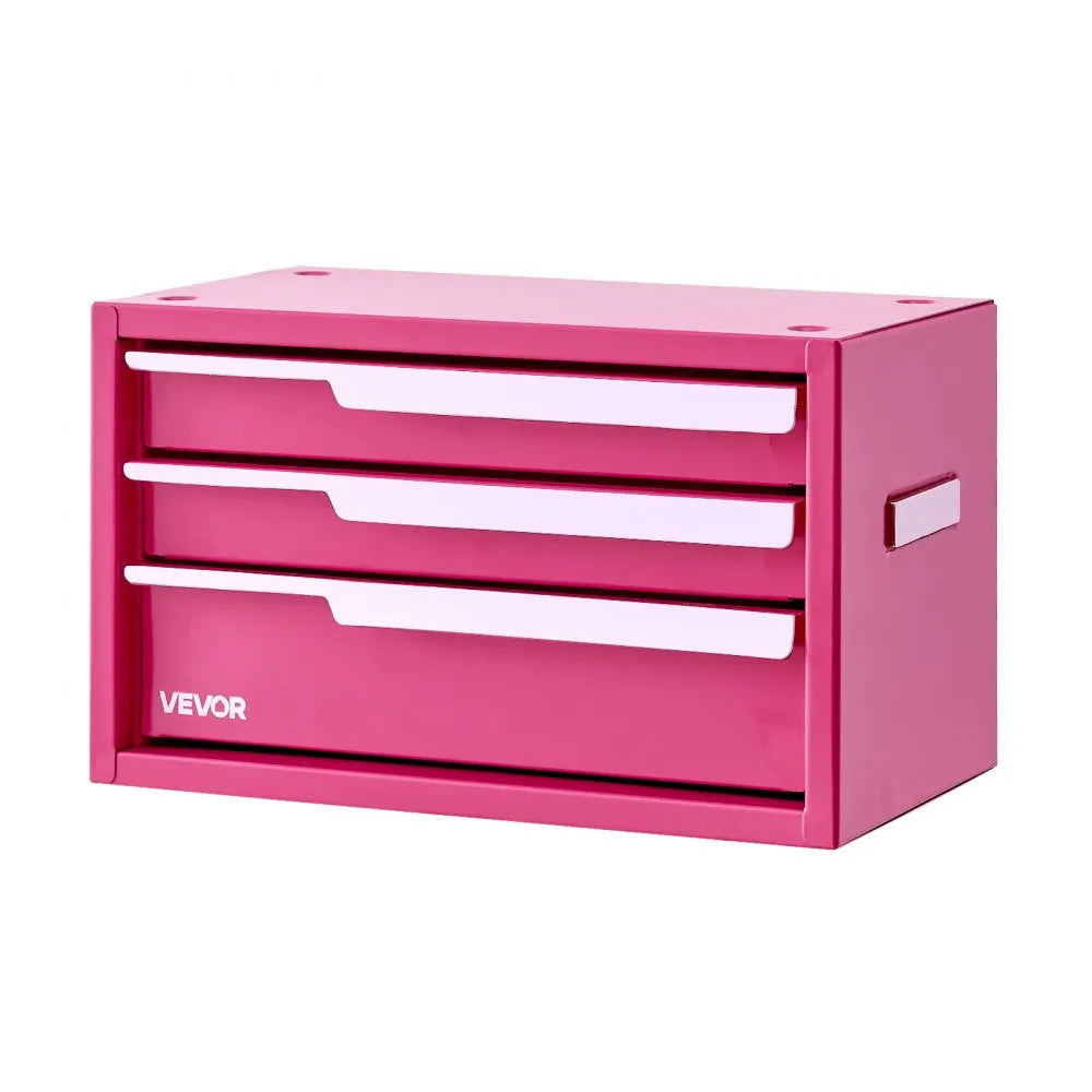 VEVOR Steel Tool Box with 3 Drawers Portable Metal Toolbox Heavy Duty Pink, for Garage Workshop Repair Shop Workbench, Magnetic Design, Tool Chest Cabinet Storage Organizer, with Protective Liners