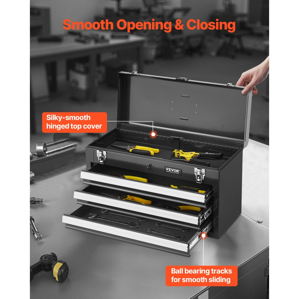 VEVOR Metal Tool Box, 20.5-inch, Portable Metal Tool Box with 3 Drawers, Small Tool Chest with EVA Liners, Ball Bearing Slide Drawers Locking & Powder Coated Finish, Multi-Function Tool Organizer