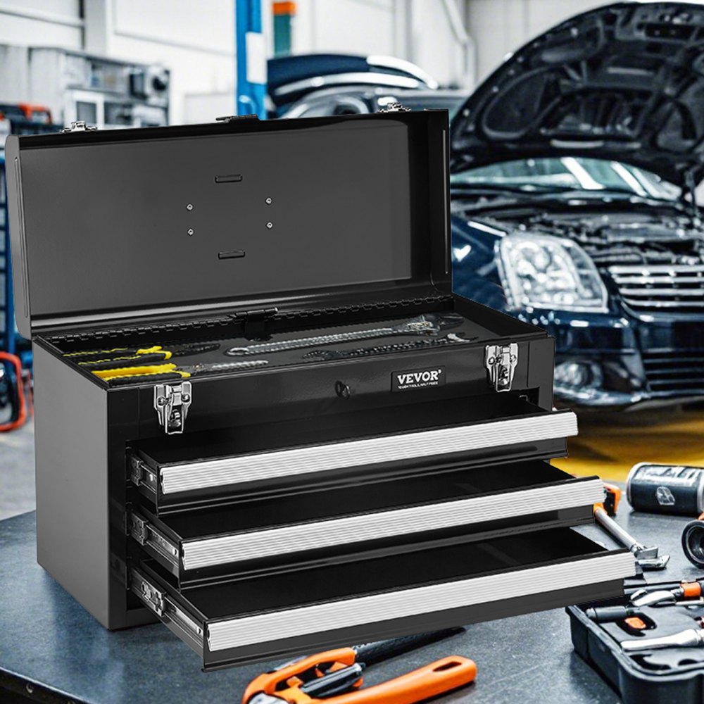 VEVOR Metal Tool Box, 20.5-inch, Portable Metal Tool Box with 3 Drawers, Small Tool Chest with EVA Liners, Ball Bearing Slide Drawers Locking & Powder Coated Finish, Multi-Function Tool Organizer