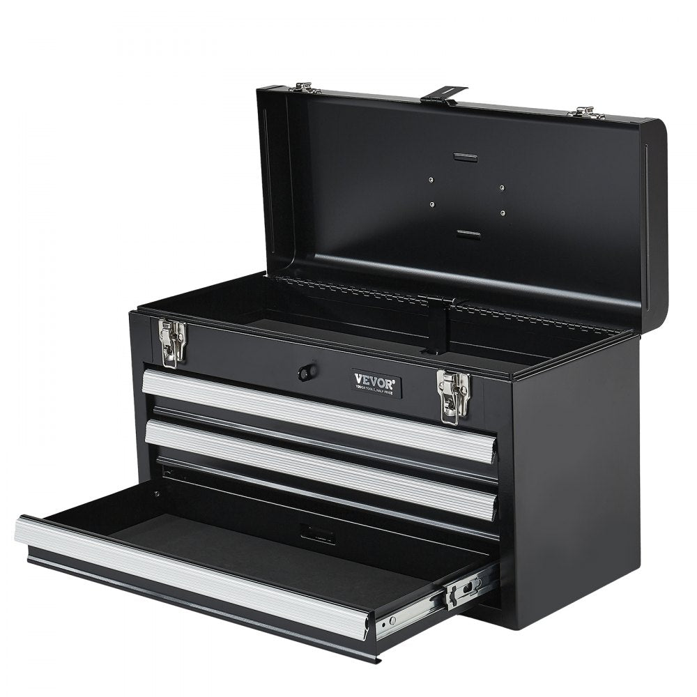 VEVOR Metal Tool Box, 20.5-inch, Portable Metal Tool Box with 3 Drawers, Small Tool Chest with EVA Liners, Ball Bearing Slide Drawers Locking & Powder Coated Finish, Multi-Function Tool Organizer