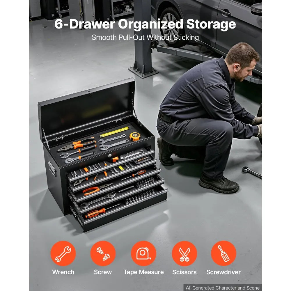 VEVOR Steel Tool Box 24" with 5 Drawers Portable Lockable Metal Toolbox, for Garage Workshop Repair Shop, Ball Bearing Drawer Slides, Auto-Locking Tool Storage Cabinet Organizer, with Handle, Black